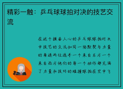 精彩一触：乒乓球球拍对决的技艺交流